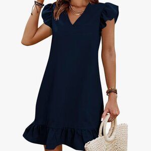 Lightweight V-Neck Ruffle-Cap Sleeve Frilly Sundress (Dark Blue)